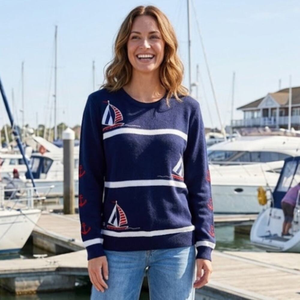 Vintage 80s Nautical Stripe Sweater Embroidered Sailboat Crewneck Navy Blue S